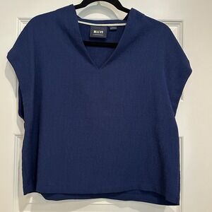 Maeve By Anthropologie Blue Gauze Blouse Boho Crop‎ Top Size M Boxy Coastal Work